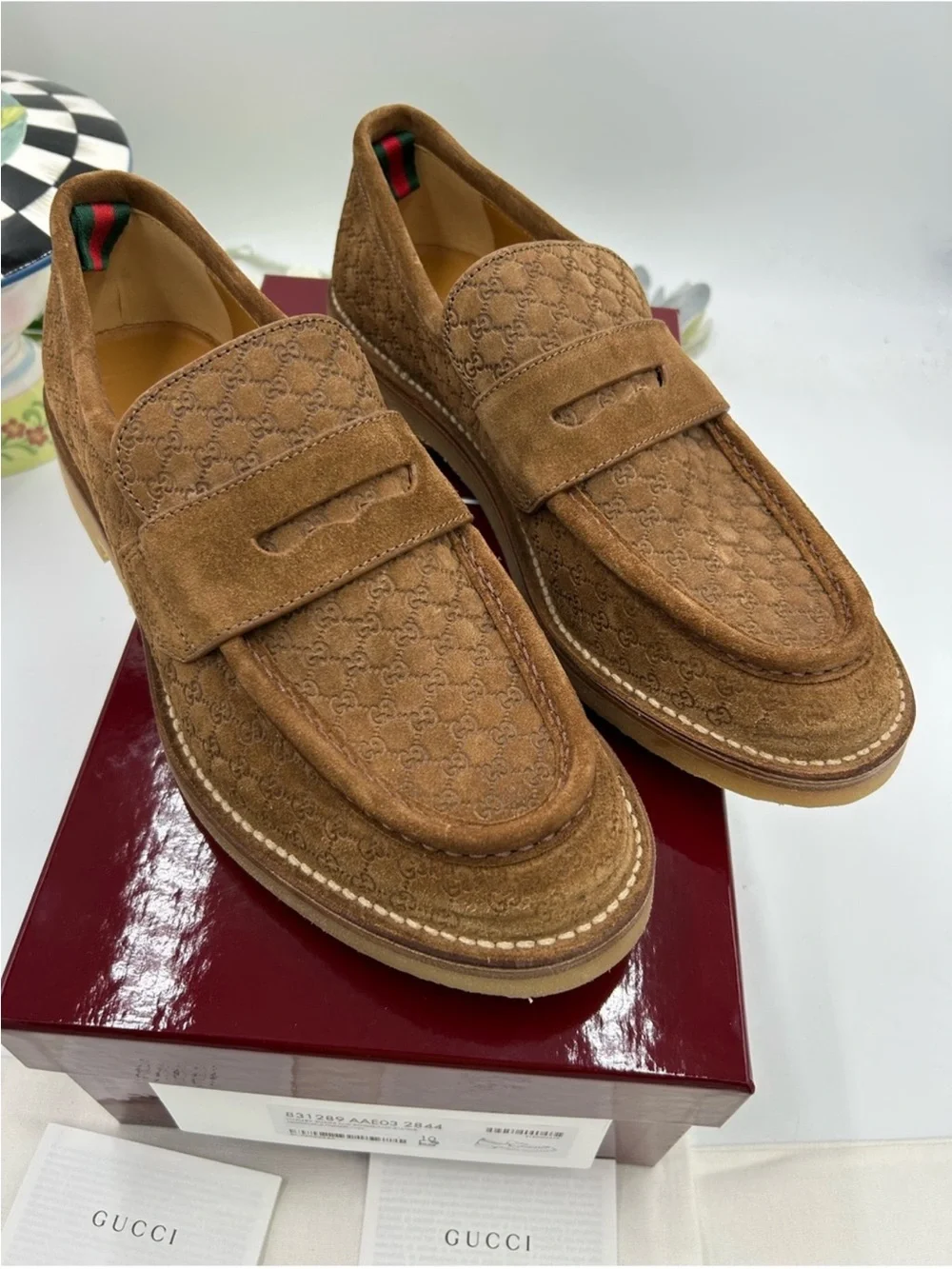 Men’s Gucci suede GG monogram web loafer size 10 fits 10.5 US made in Italy